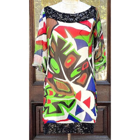 Cache Geometric Transparent Silk Dress Sequin Collar Drop Waist Size M - Picture 1 of 9